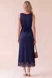 Black Sheath Round Neck Lace Satin Midi Wedding Guest Dress
