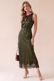 Black Sheath Round Neck Lace Satin Midi Wedding Guest Dress