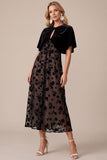 Black Velvet A-Line Round Neck Printed Midi Holiday Party Dress with Capelet