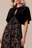 Black Velvet A-Line Round Neck Printed Midi Holiday Party Dress with Capelet