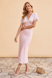 Blush Sheath V-Neck Flutter Sleeves  Lace Midi Holiday Party Dress