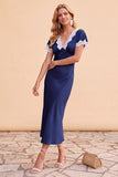 Blush Sheath V-Neck Flutter Sleeves  Lace Midi Holiday Party Dress