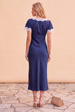 Blush Sheath V-Neck Flutter Sleeves  Lace Midi Holiday Party Dress