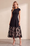 Black A-Line Floral Tulle Round Neck Midi Wedding Guest Dress