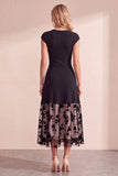 Black A-Line Floral Tulle Round Neck Midi Wedding Guest Dress
