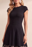 Black A-Line Floral Tulle Round Neck Midi Wedding Guest Dress