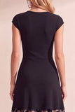 Black A-Line Floral Tulle Round Neck Midi Wedding Guest Dress