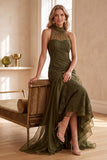 Olive High Neck Mermaid Lace High-Low Ruffled Wedding Guest Dress