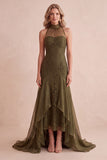 Olive High Neck Mermaid Lace High-Low Ruffled Wedding Guest Dress
