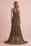 Olive High Neck Mermaid Lace High-Low Ruffled Wedding Guest Dress