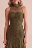 Olive High Neck Mermaid Lace High-Low Ruffled Wedding Guest Dress