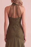 Olive High Neck Mermaid Lace High-Low Ruffled Wedding Guest Dress