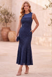 Dark Blue Mermaid Round Neck Lace Sleeveless Midi Wedding Guest Dress with Pockets