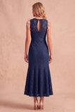 Dark Blue Mermaid Round Neck Lace Sleeveless Midi Wedding Guest Dress with Pockets