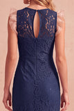 Dark Blue Mermaid Round Neck Lace Sleeveless Midi Wedding Guest Dress with Pockets