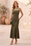 Dark Blue Mermaid Round Neck Lace Sleeveless Midi Wedding Guest Dress with Pockets