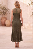 Dark Blue Mermaid Round Neck Lace Sleeveless Midi Wedding Guest Dress with Pockets