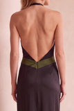 Black and Green Halter Sheath Satin Maxi Wedding Guest Dress