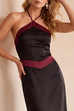 Black and Green Halter Sheath Satin Maxi Wedding Guest Dress