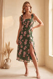 Green Square Neck A-Line Floral Printed Midi Wedding Guest Dress with Slit