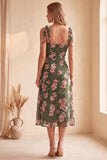 Green Square Neck A-Line Floral Printed Midi Wedding Guest Dress with Slit