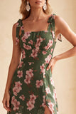Green Square Neck A-Line Floral Printed Midi Wedding Guest Dress with Slit