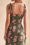 Green Square Neck A-Line Floral Printed Midi Wedding Guest Dress with Slit