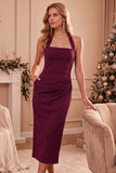 Burgundy Halter Bodycon Ruched Midi Wedding Guest Dress with Pockets