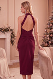 Burgundy Halter Bodycon Ruched Midi Wedding Guest Dress with Pockets