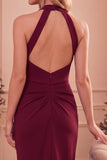 Burgundy Halter Bodycon Ruched Midi Wedding Guest Dress with Pockets