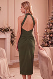 Burgundy Halter Bodycon Ruched Midi Wedding Guest Dress with Pockets