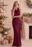 Burgundy Mermaid Halter Cowl Neck Satin Maxi Wedding Guest Dress