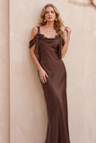Coffee Cold Shoulder Sheath Cowl Neck Long Wedding Guest Dress