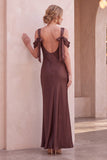 Coffee Cold Shoulder Sheath Cowl Neck Long Wedding Guest Dress