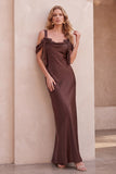 Coffee Cold Shoulder Sheath Cowl Neck Long Wedding Guest Dress