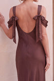 Coffee Cold Shoulder Sheath Cowl Neck Long Wedding Guest Dress