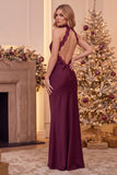 Burgundy Halter Sheath Satin Cowl Neck Backless Long Wedding Guest Dress with Lace