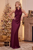 Burgundy Halter Sheath Satin Cowl Neck Backless Long Wedding Guest Dress with Lace