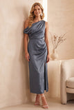 Dusty Blue Asymmetrical One Shoulder Satin Sheath Ruched Long Wedding Guest Dress with Slit