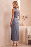 Dusty Blue Asymmetrical One Shoulder Satin Sheath Ruched Long Wedding Guest Dress with Slit