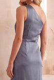 Dusty Blue Asymmetrical One Shoulder Satin Sheath Ruched Long Wedding Guest Dress with Slit