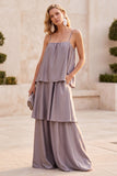 Fog Satin Tiered Spaghetti Straps Maxi Wedding Guest Dress with Pockets