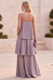 Fog Satin Tiered Spaghetti Straps Maxi Wedding Guest Dress with Pockets