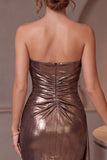 Coffee Metallic Bodycon Ruched Strapless Short Cocktail Dress
