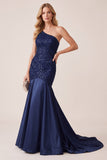 Mermaid Dark Blue One Shoulder Satin Sequins Long Formal Dress with Beading