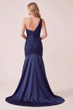 Mermaid Dark Blue One Shoulder Satin Sequins Long Formal Dress with Beading