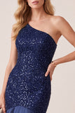 Mermaid Dark Blue One Shoulder Satin Sequins Long Formal Dress with Beading