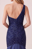 Mermaid Dark Blue One Shoulder Satin Sequins Long Formal Dress with Beading
