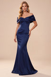 Off the Shoulder Dark Blue Mermaid Satin Ruched Long Formal Dress