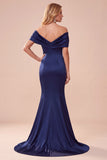Off the Shoulder Dark Blue Mermaid Satin Ruched Long Formal Dress